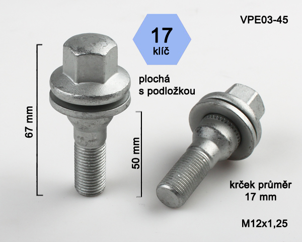 Kolový šroub M12x1,25x45mm, plochá podložka, klíč 17, pozink