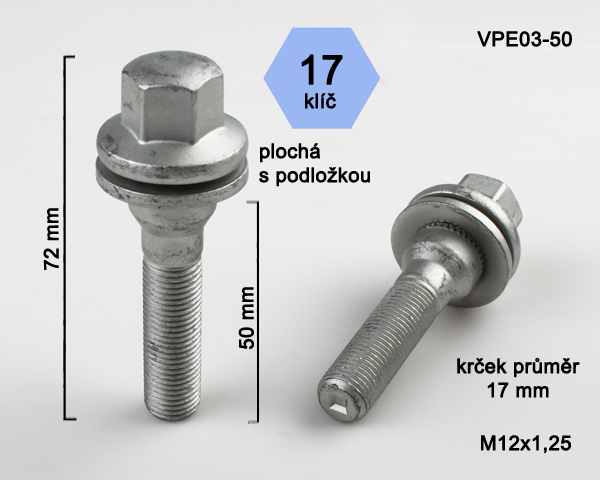 Kolový šroub M12x1,25x50mm, plochá podložka, klíč 17, pozink