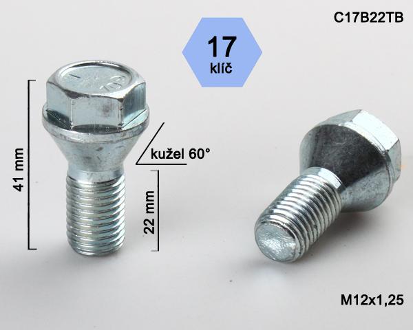 Kolový šroub M12x1,25x22mm kužel 60° s krátkou hlavou, klíč 17, pozink, BIMECC