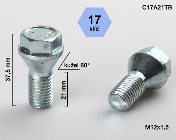 Kolový šroub M12x1,5x21mm, kužel 60° s krátkou hlavou, klíč 17, pozink, BIMECC