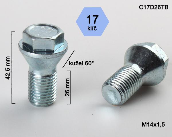 Kolový šroub M14x1,5x26mm, kužel 60° s krátkou hlavou, klíč 17, pozink, BIMECC