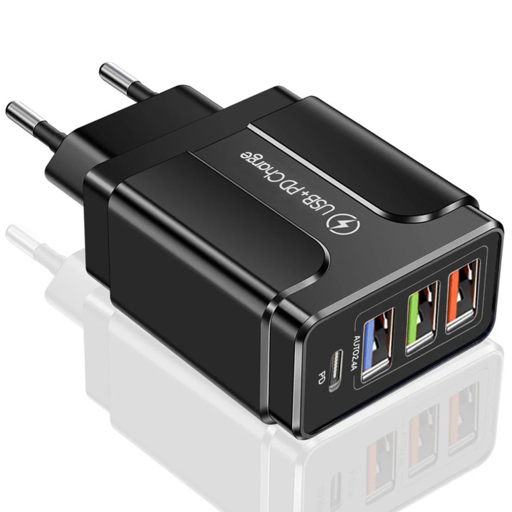 Síťová nabíječka 3x USB a 1x PD port (USB-C), černá