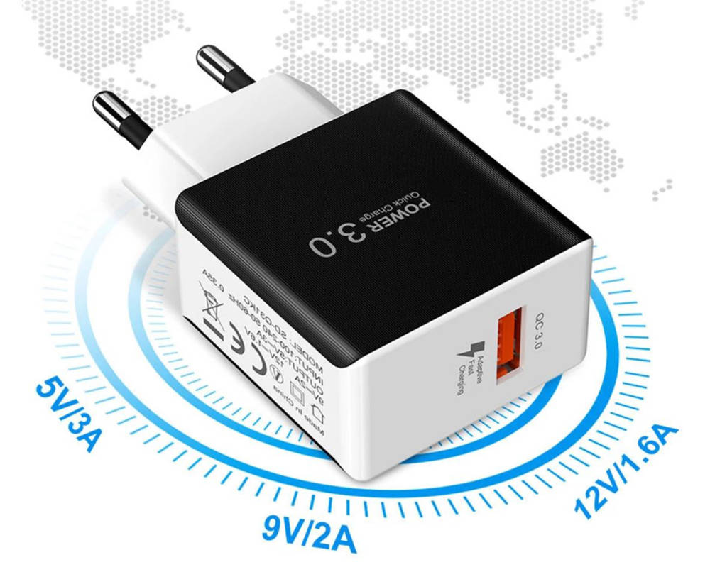 Rychlonabíječka USB černá, rychlé nabíjení Quick Charge 3.0, adaptivní rychlé nabíjení