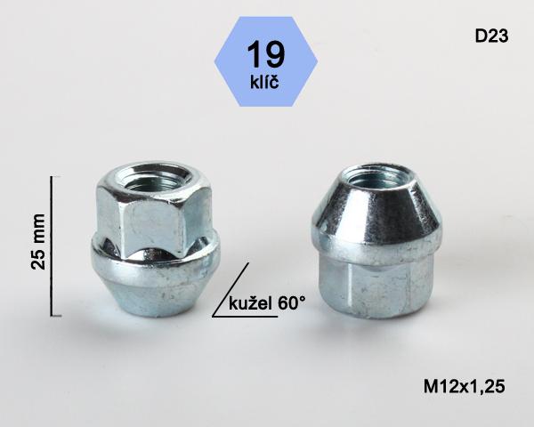 Kolová matice M12x1,25mm, dosedací plocha kužel, otevřená, klíč 19, stříbrný pozink