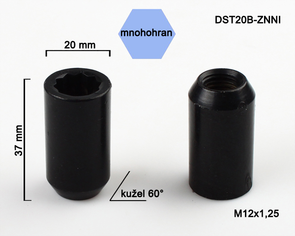 Kolová matice M12x1,25, kužel s vnitřním mnohohranem, průměr 20, černý pozink