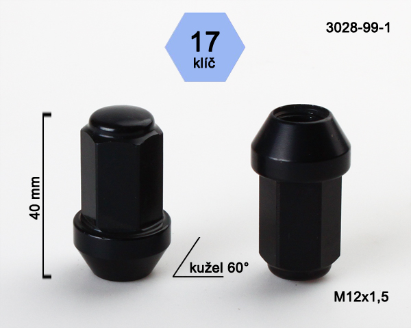 Kolová matice M12x1,5mm, dosedací plocha kužel odlehčená, klíč 17, černý hliník
