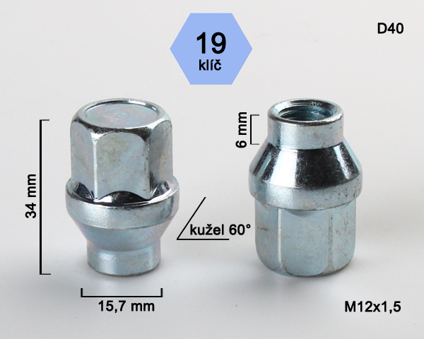 Kolová matice M12x1,5mm kužel s krčkem 15,7mm, zavřená, klíč 19, pozink