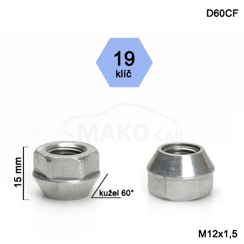 Kolová matice M12x1,5mm, dosedací plocha kužel, matice otevřená, klíč 19, pozink