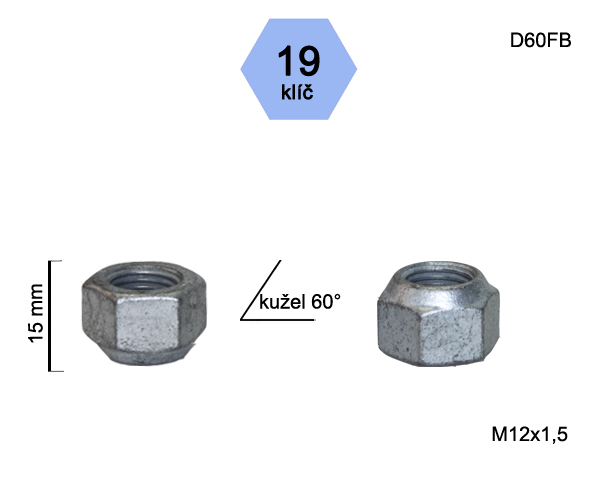 Kolová matice M12x1,5mm, dosedací plocha kužel, otevřená, klíč 19, stříbrný pozink
