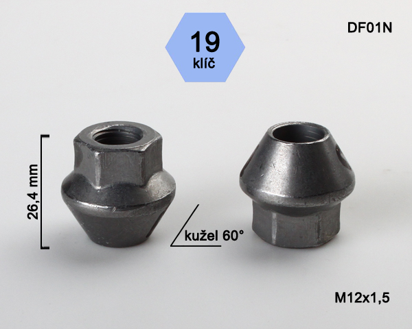 Kolová matice M12x1,5mm, Ford, dosedací plocha kužel, pevná, klíč 19, pozink