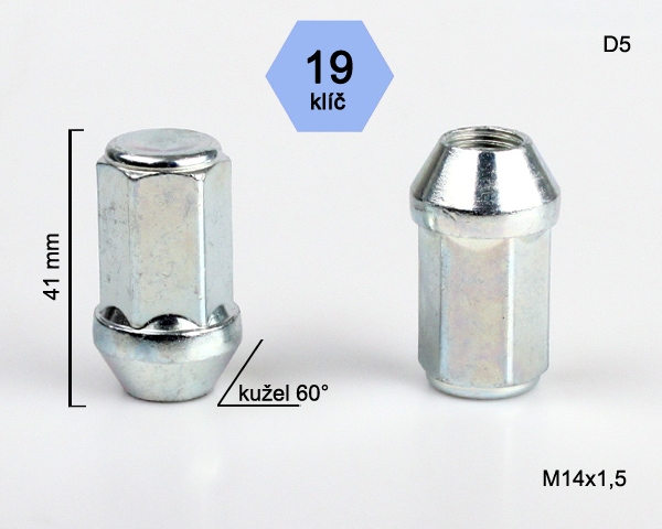 Kolová matice M14x1,5mm, kužel, zavřená prodloužená, klíč 19, pozink