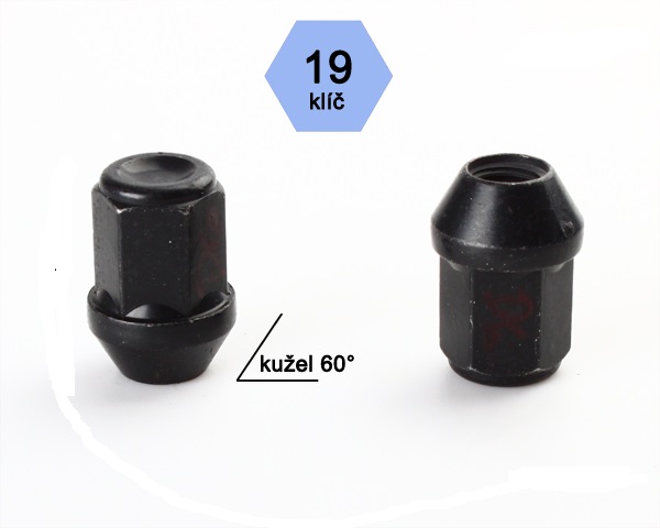 Kolová matice M14x1,5mm, kužel, zavřená prodloužená, černá klíč 19, pozink