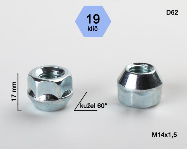 Kolová matice M14x1,5mm, dosedací plocha kužel, otevřená, klíč 19, pozink