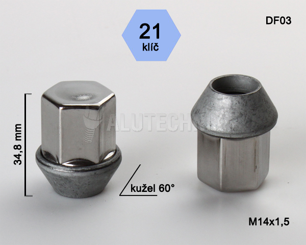 Kolová matice M14x1,5, Ford, kužel, pohyblivá, nerezová krytka, klíč 21, pozink