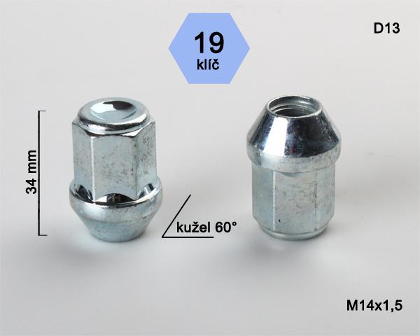 Kolová matice M14x1,5mm, dosedací plocha kužel, zavřená, klíč 19, pozink
