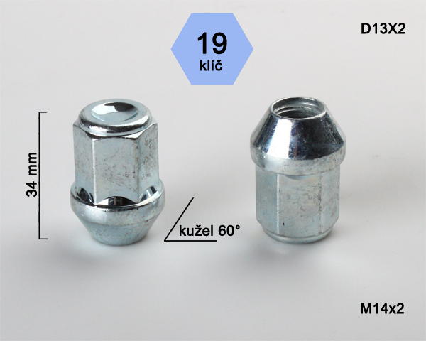 Kolová matice M14x2mm, dosedací plocha kužel, zavřená, klíč 19, pozink