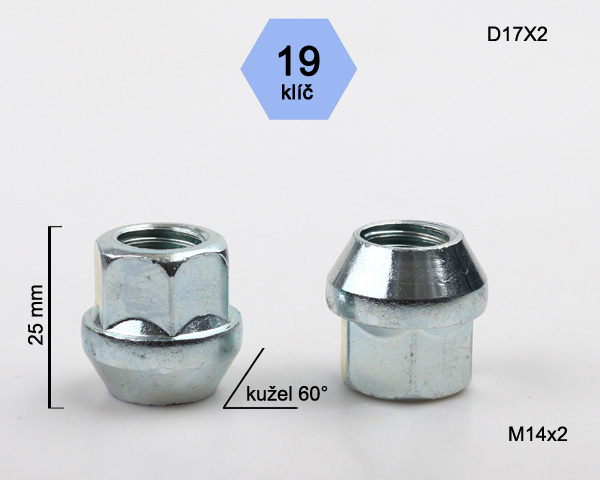 Kolová matice M14x2mm, dosedací plocha kužel, otevřená, klíč 19, pozink