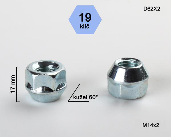 Kolová matice M14x2mm, dosedací plocha kužel, otevřená, klíč 19, pozink