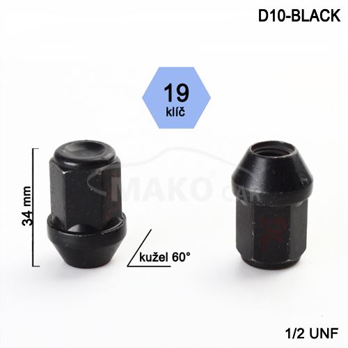 Kolová matice 1/2 UNF, dosedací plocha kužel, zavřená, klíč 19, barva černá