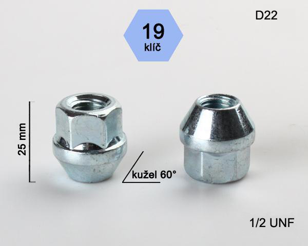 Kolová matice 1/2 UNF, dosedací plocha kužel, otevřená, klíč 19, pozink