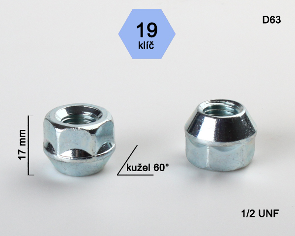 Kolová matice 1/2 UNF, dosedací plocha kužel, otevřená, klíč 19, pozink stříbrný