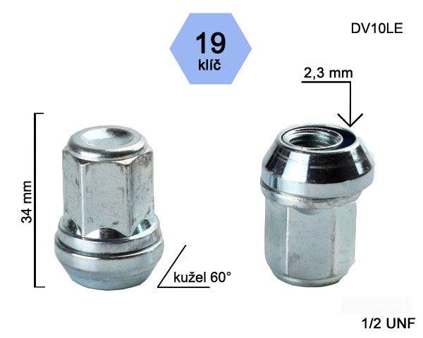Kolová matice 1/2 UNF, dosedací plocha kužel plovoucí, zavřená, klíč 19, pozink