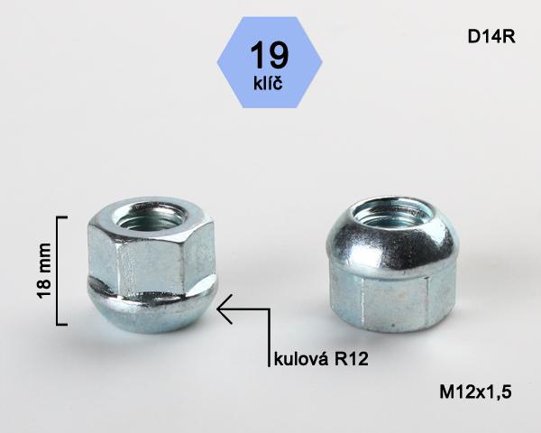 Kolová matice M12x1,5mm, dosedací plocha koule R12, klíč 19, pozink