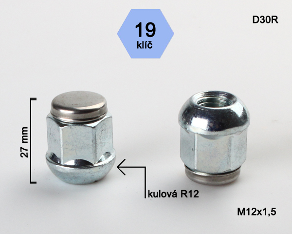 Kolová matice M12x1,5mm, dosedací plocha koule R12, nerez víčko, klíč 19, pozink