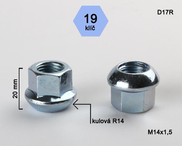 Kolová matice M14x1,5mm, dosedací plocha koule R14, otevřená, klíč 19, pozink
