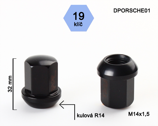 Kolová matice M14x1,5 koule R14, uzavřená, odlehčená, klíč 19, černý hliník