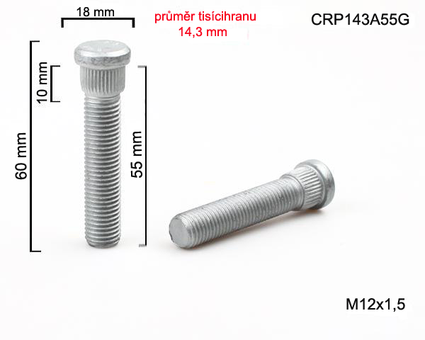 Kolový Svorník M12x1,5x60mm, průměr tisicíhranu 14,3mm