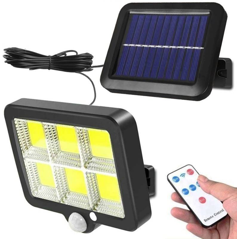 LED solární světlo - reflektor 120 COB LED s modulárním solárním panelem, pohybový a soumrakový senzor, s dálkovým ovládáním