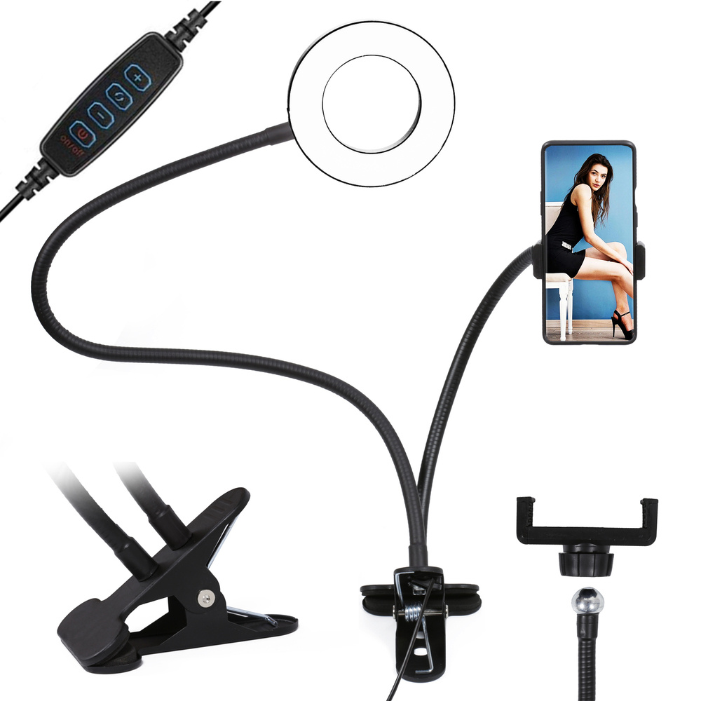 Kruhové světlo USB 30W na ohebné hlavici LED RING pro líčení a streamování, flexibilní stativ a držák telefonu