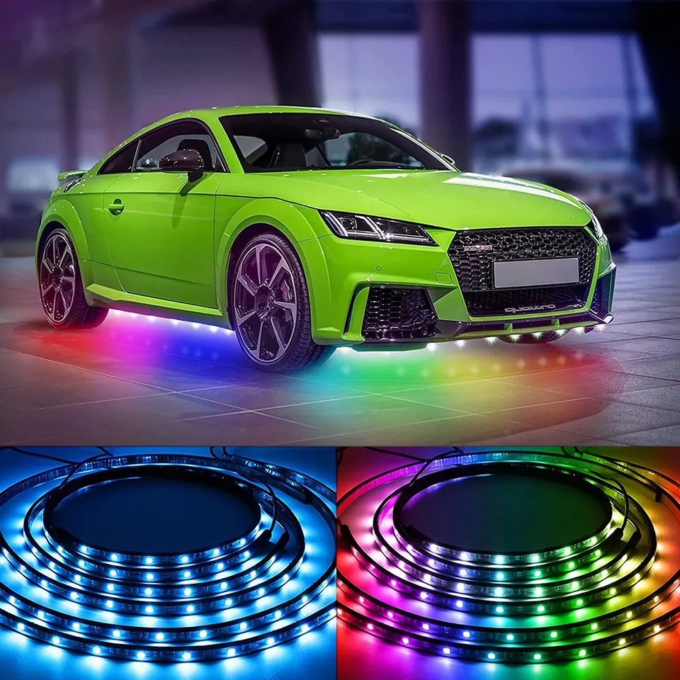 LED RGB flexibilní ambientní podsvětlení - neonové pásky 4ks vnitřní/vnější, 2x90cm 2x120cm, 12V + dálkové ovládaní