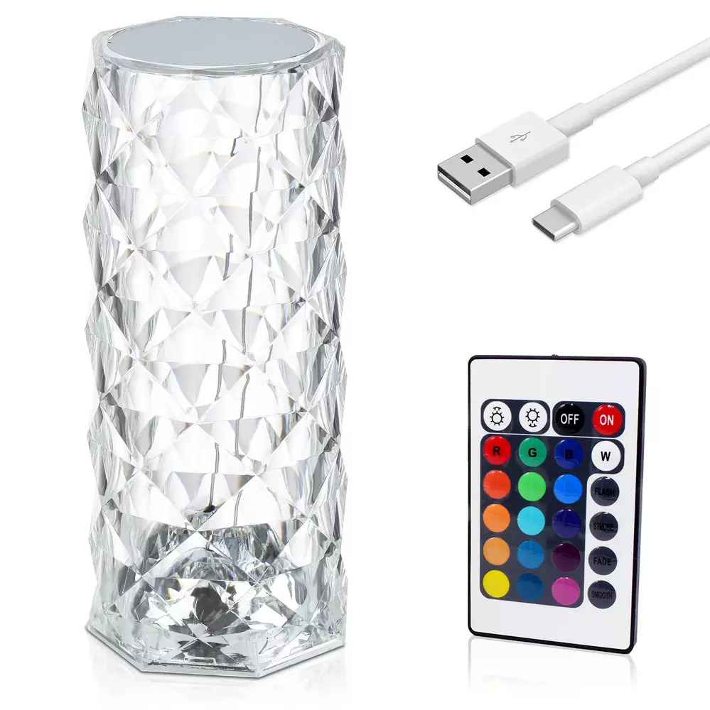 Křišťálová LED stolní lampa, vzor růže, 16 RGB barev, dotykový panel, dálkové ovládání, USB-C kabel, 2000mAh baterie 