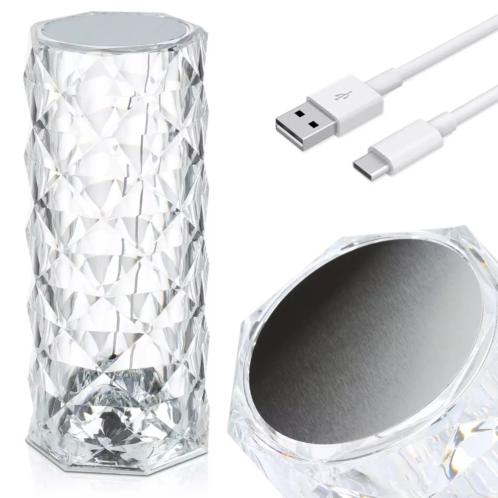 Křišťálová LED stolní lampa, vzor růže, 3 barvy světla, dotykový panel, USB-C kabel, 2000 mAh baterie 