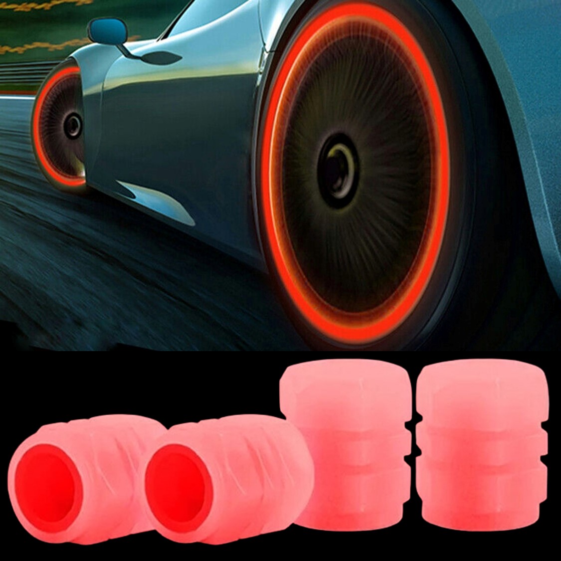 Svítící červené čepičky ventilků na kolo, auto a motorku, sada 4ks