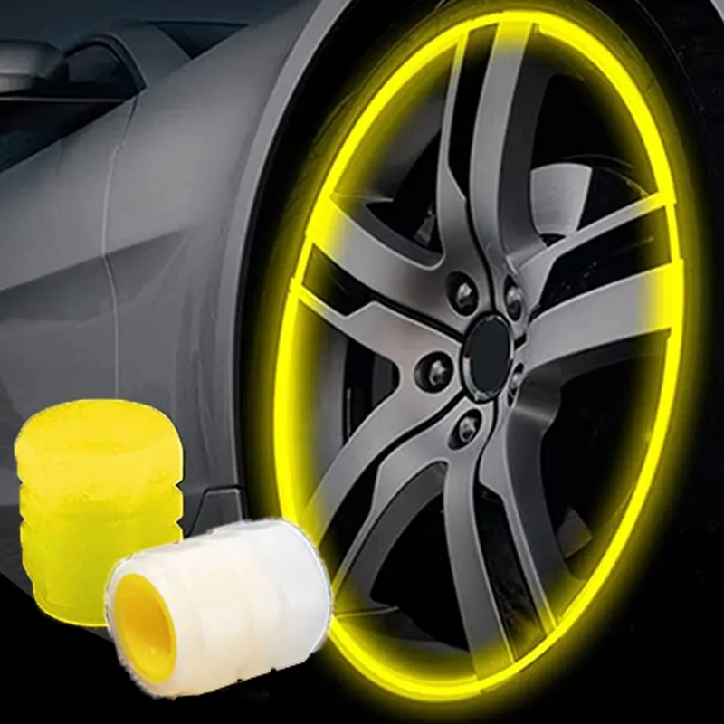 Svítící žluté čepičky ventilků na kolo, auto a motorku, sada 4ks