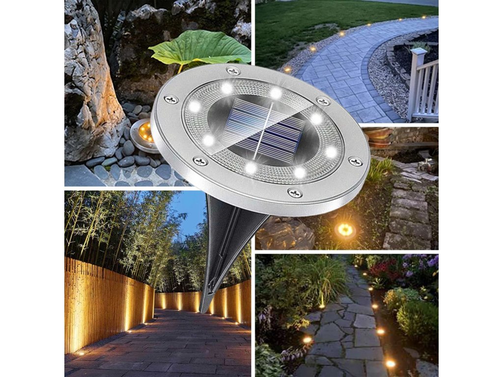 LED solární zahradní světlo k zapíchnutí do země 8 LED ⌀11,5cm nerez