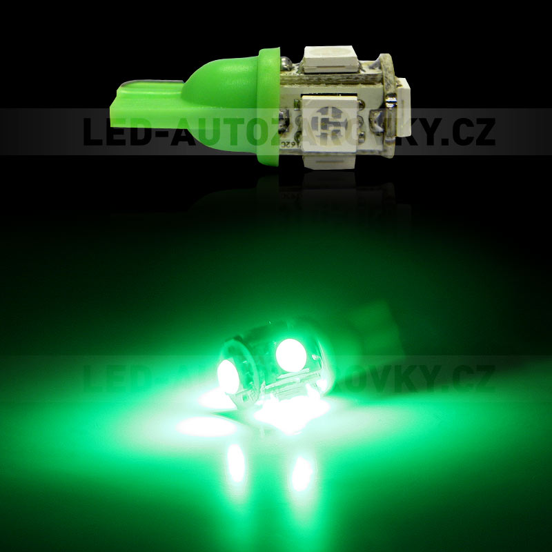LED T10 - 5 x LED SMD ZELENÉ - bezpaticové, 1ks