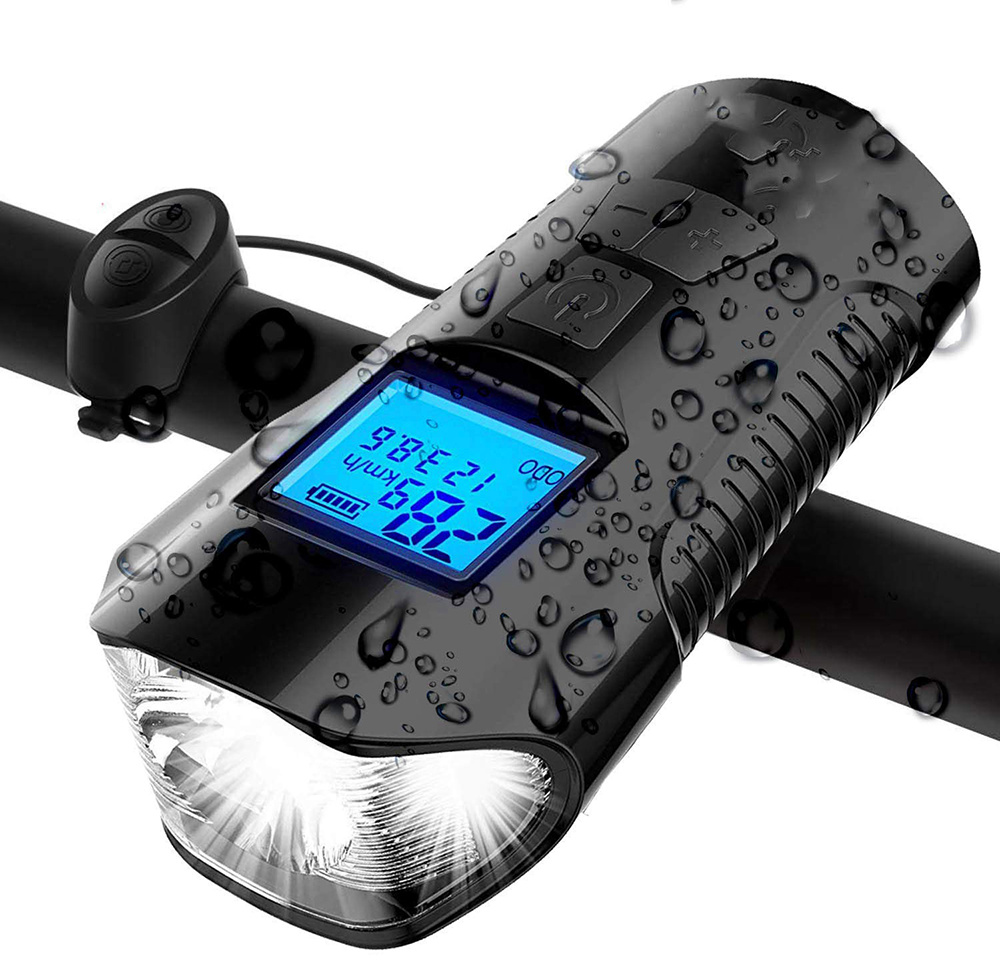 LED přední světlo na kolo, vestavěný klakson 120dB, funkce cyklopočítače, 300lm 1500mAh