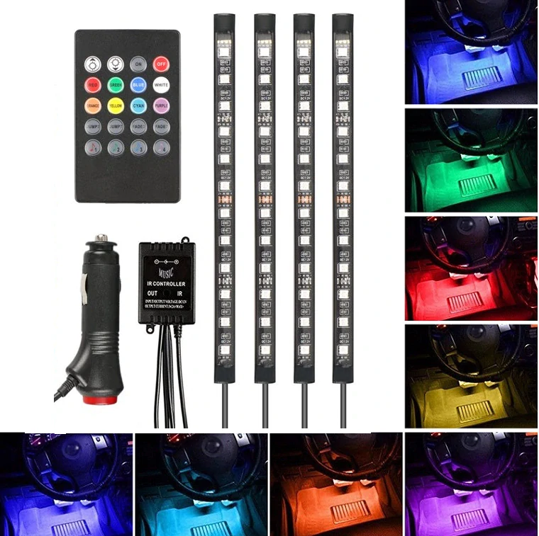 VÝPRODEJ - LED RGB 4x22cm osvětlení do interiéru aut, s dálkovým ovládáním
