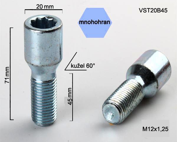 Kolový šroub M12x1,25x45, kužel s vnitřním mnohohranem, průměr hlavy 20, pozink