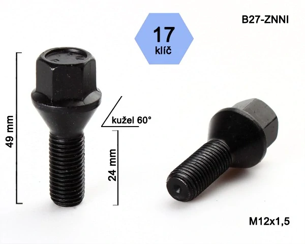 Kolový šroub M12x1,5x24mm, dosedací plocha kužel, klíč 17, černý pozink, BIMECC