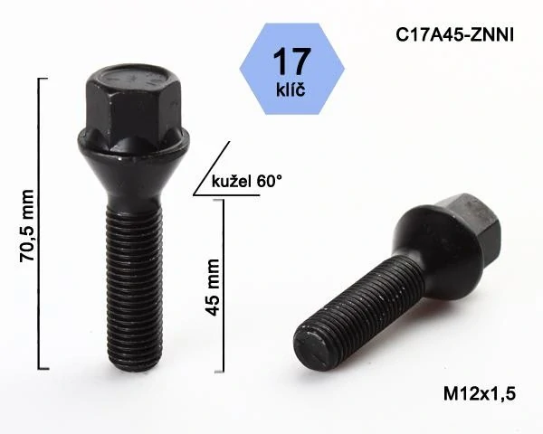 Kolový šroub M12x1,5x45mm, dosedací plocha kužel, klíč 17, černý pozink, BIMECC