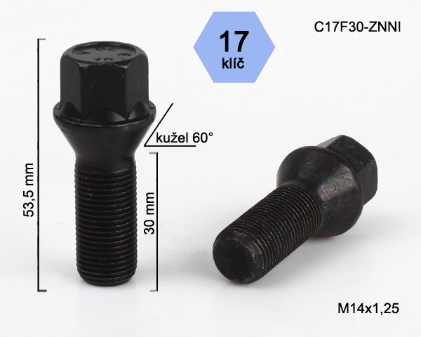 Kolový šroub M14x1,25x30mm, dosedací plocha kužel, klíč 17, černý pozink, BIMECC
