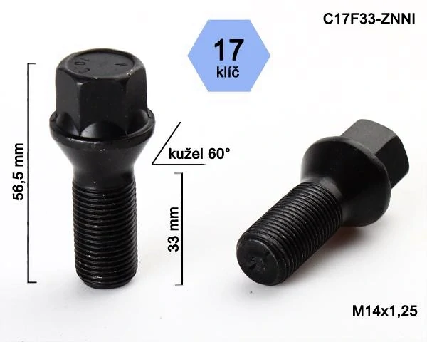 Kolový šroub M14x1,25x33mm, dosedací plocha kužel, klíč 17, černý pozink, BIMECC