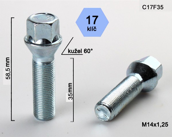 Kolový šroub M14x1,25x35mm, dosedací plocha kužel, klíč 17, pozink, BIMECC