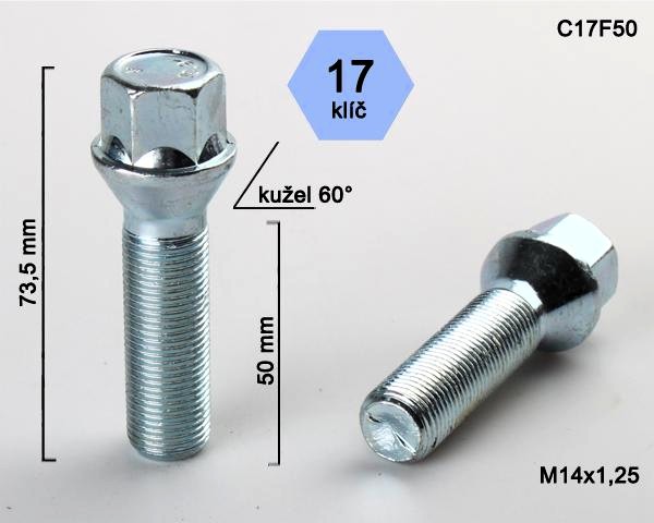 Kolový šroub M14x1,25x50mm, dosedací plocha kužel, klíč 17, pozink