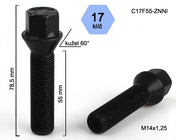 Kolový šroub M14x1,25x55mm, dosedací plocha kužel, klíč 17, černý pozink